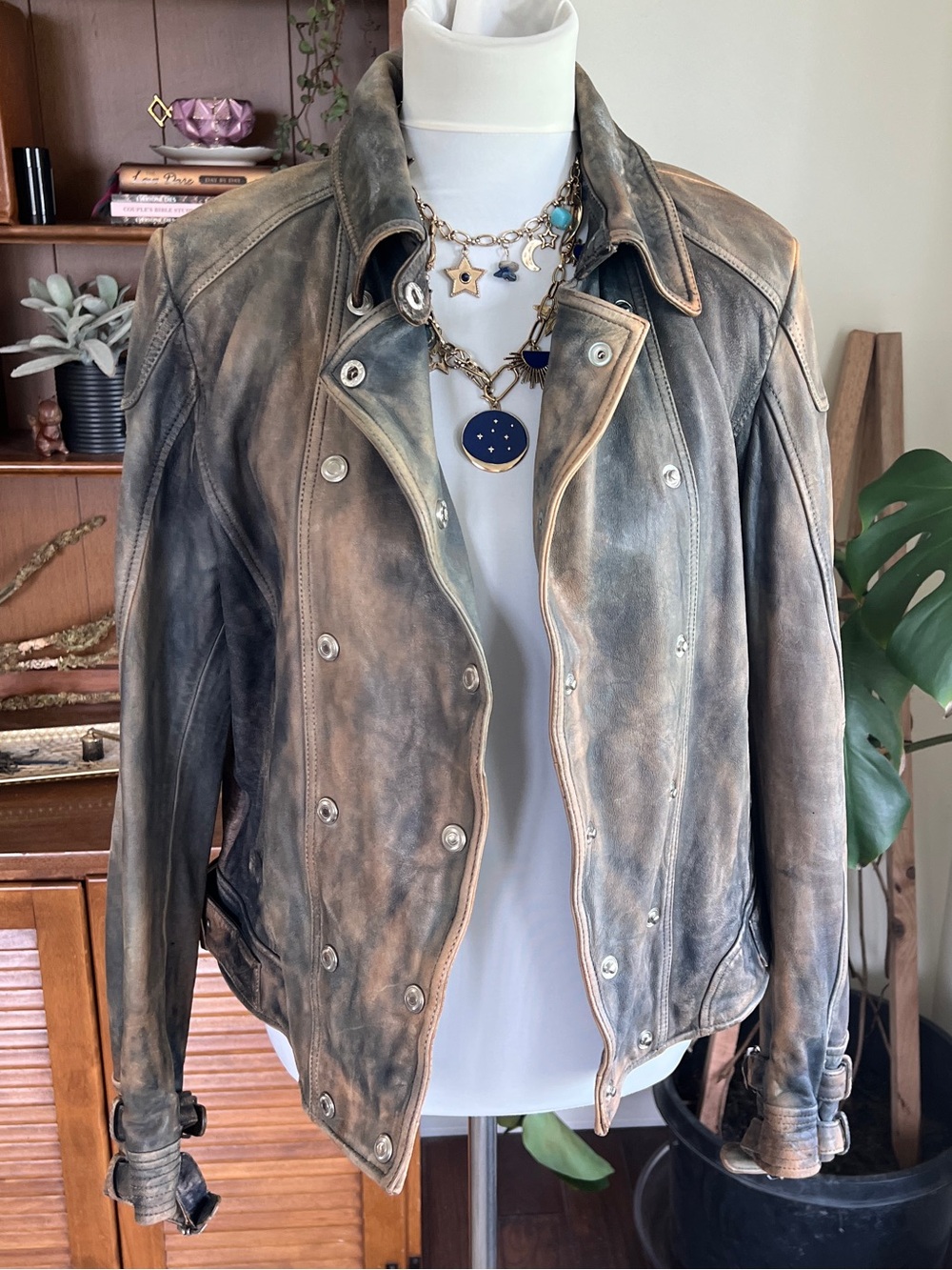 Free People Vintage Distressed Lamb Leather Moto Jacket - Brown/Gray L